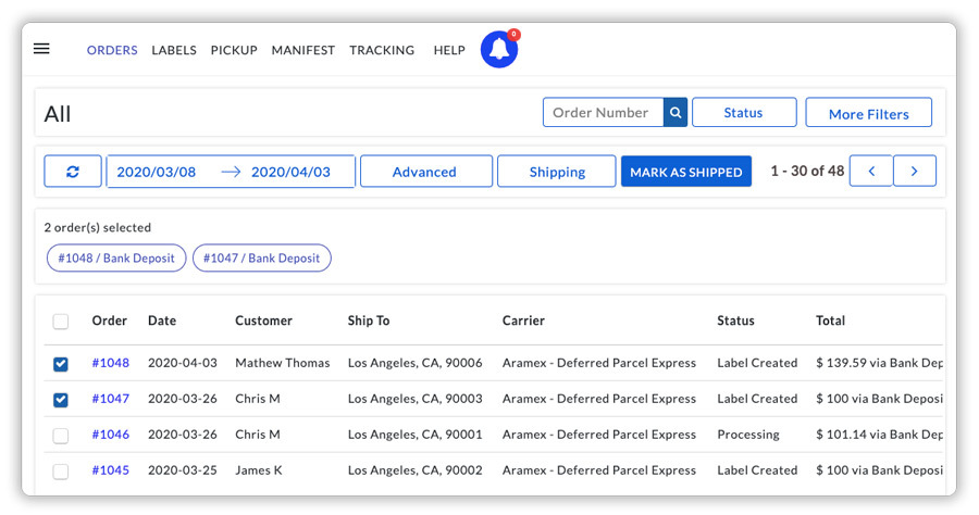 aramex orders mark as shipped