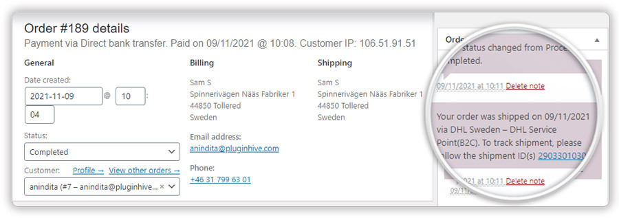 DHL Sed order details