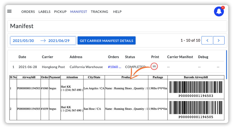 Hongkong post Manifest