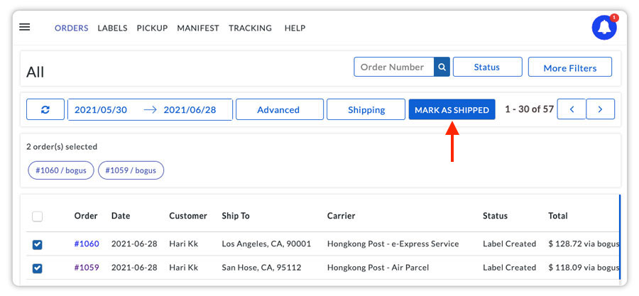 Hongkong post mark as shipped