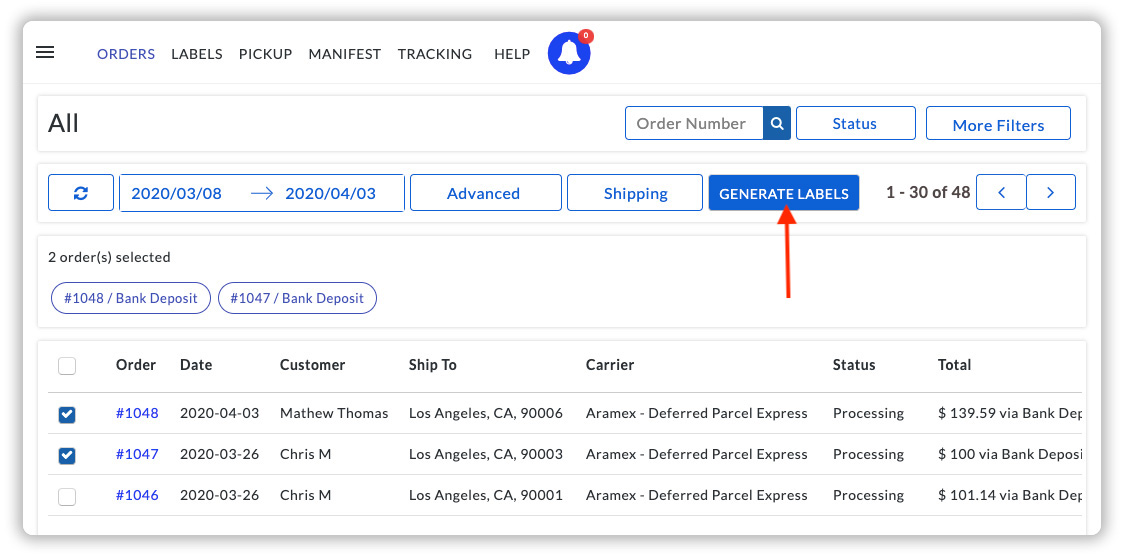 Generate Aramex Shipping Labels