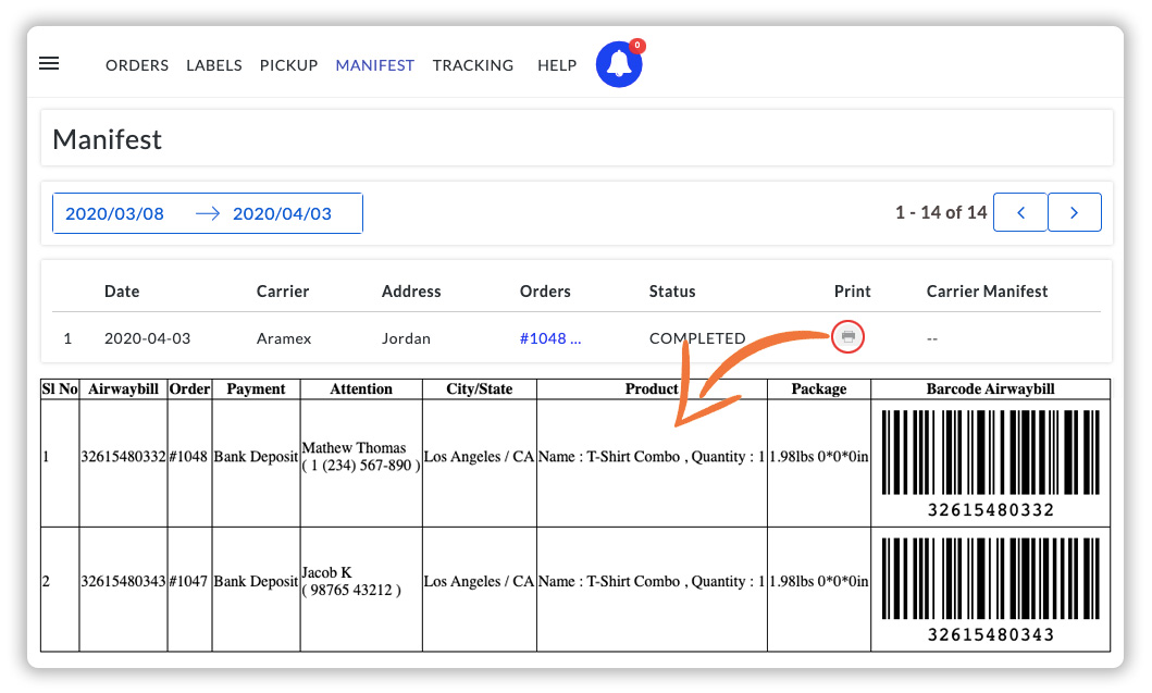 Generate and Print Manifest
