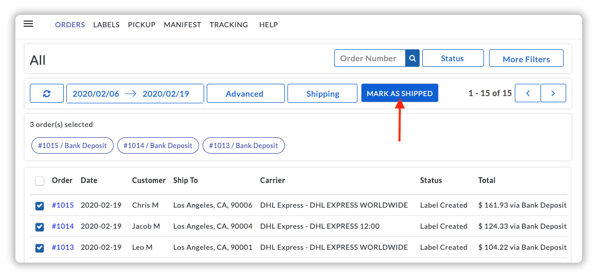 Mark the DHL Order as Shipped