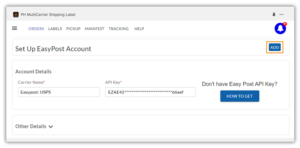 add easypost account