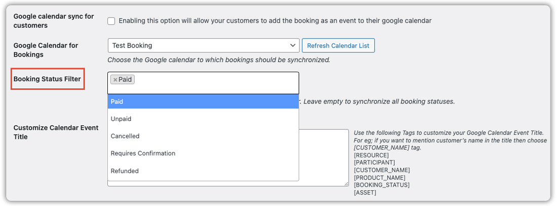 booking status filter