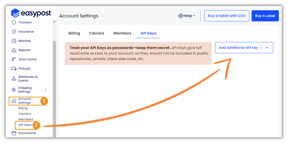 easypost account settings