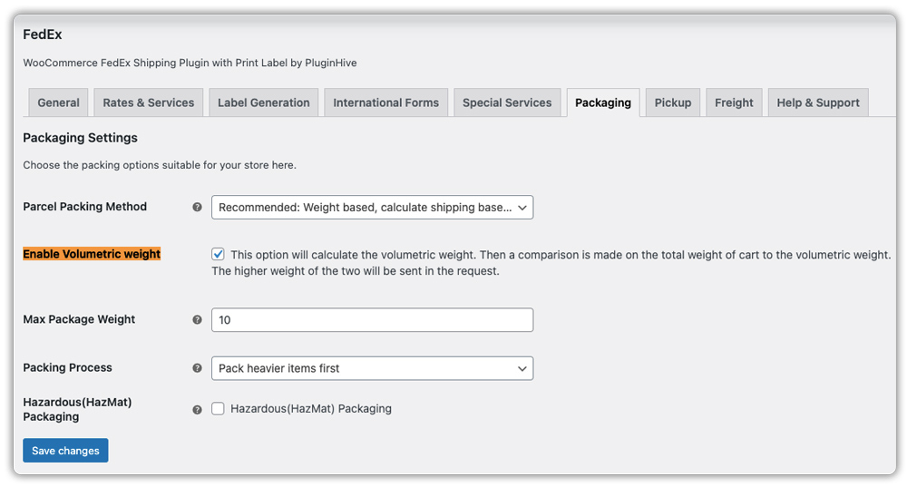 enable volumetric weight