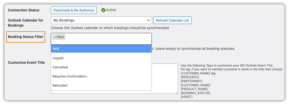 booking status filter