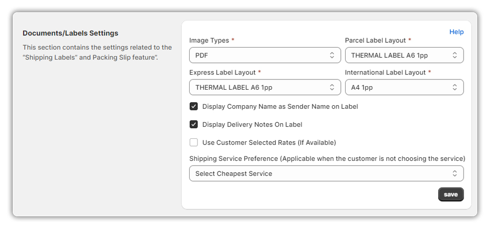 shopify labels settings
