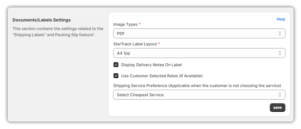 startrack label settings