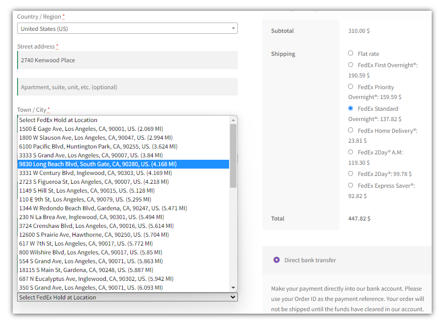 fedex hold at location drop down