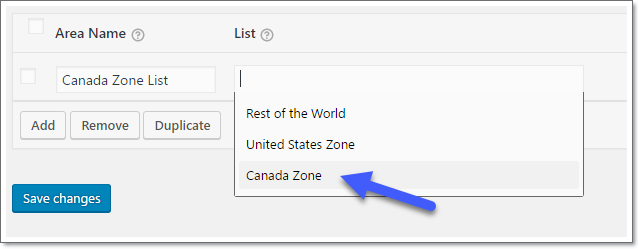 Area list