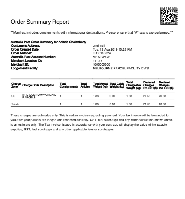 Australia Post Manifest