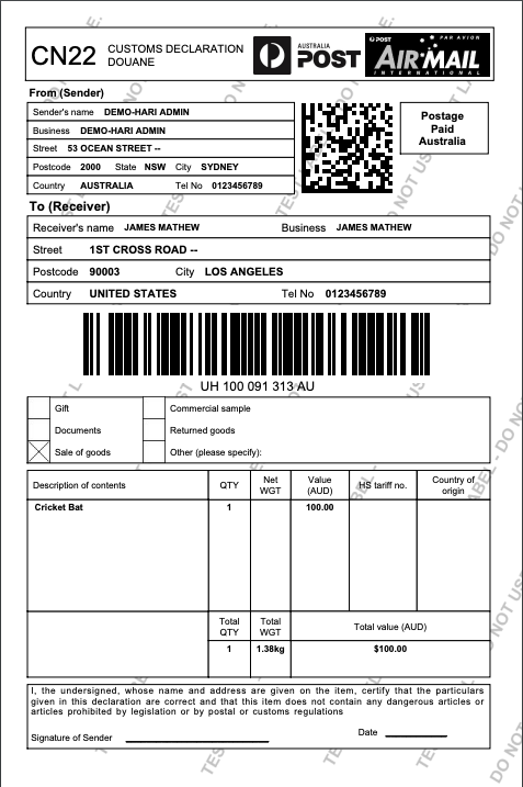 Australia Post Shipping Label