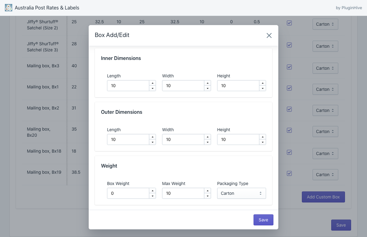 Shopify Australia Post app edit box