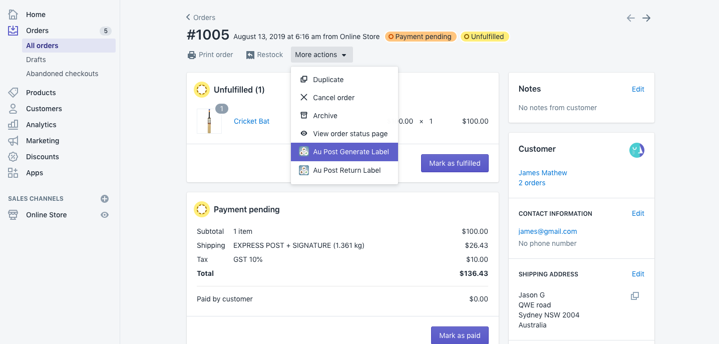 Generate label from the Orders page