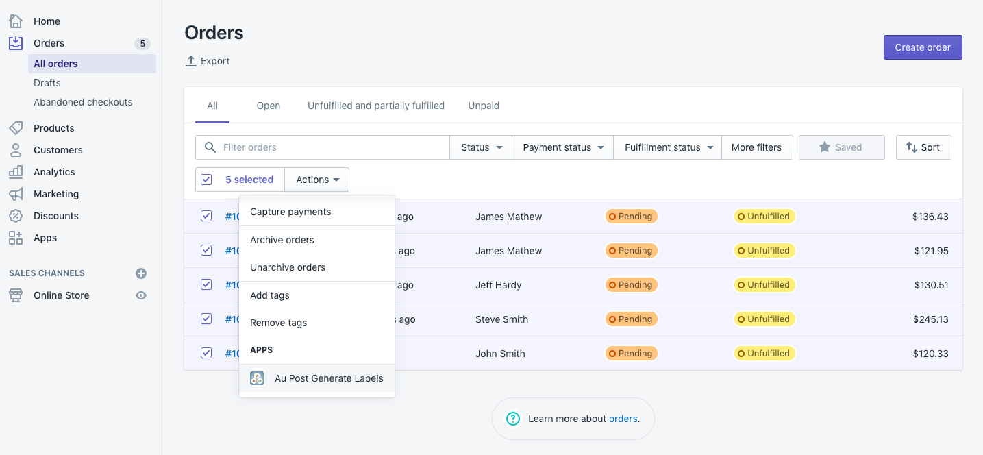 Generate labels for orders in bulk
