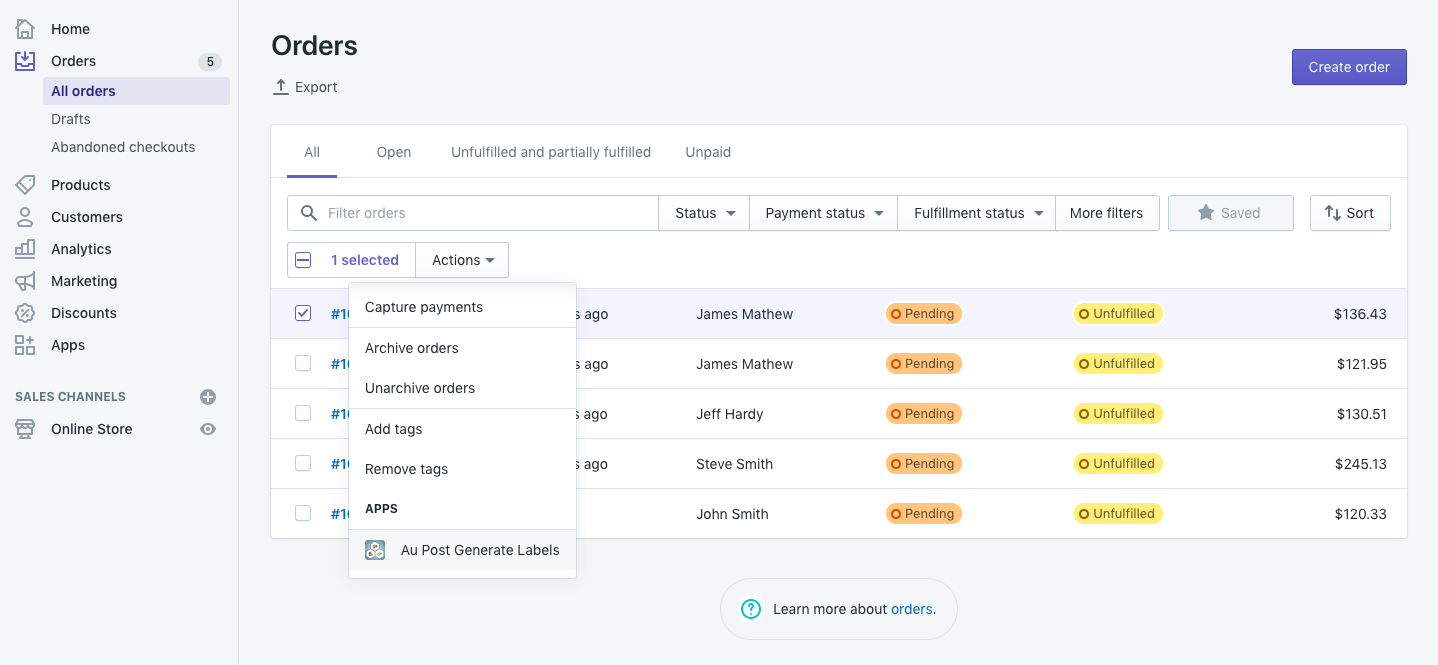 Generating label for a single order