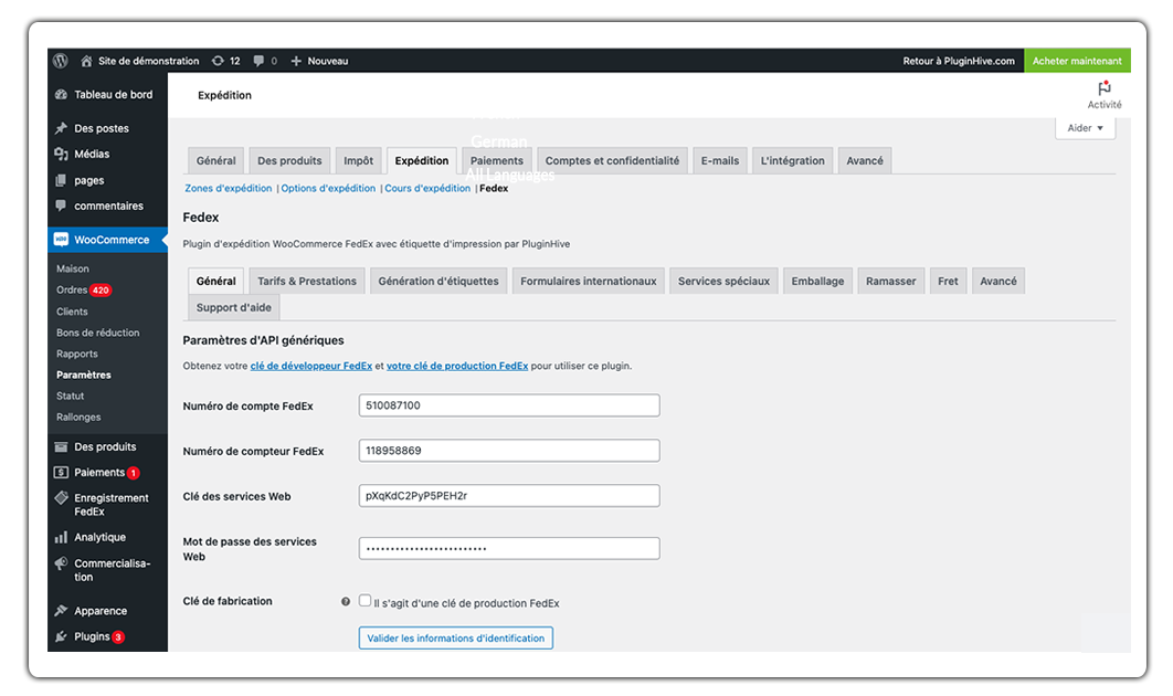 wpml & fedex settings translated to french