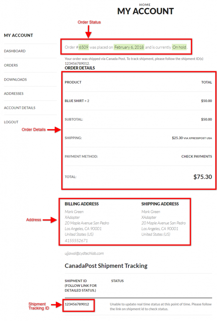 Order Details in My Account Page