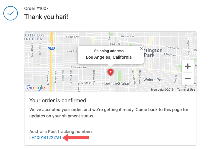 Order confirmation with tracking number