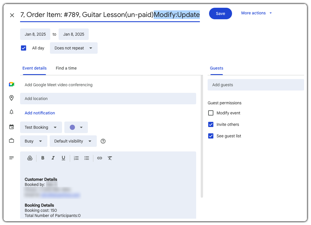 Update Bookings with Google Calendar