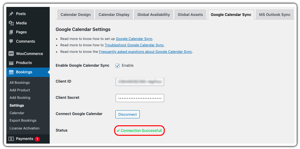 google calendar successfully connected