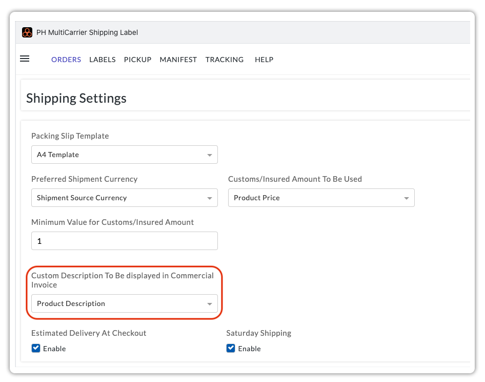 custom description for displaying on commercial invoice