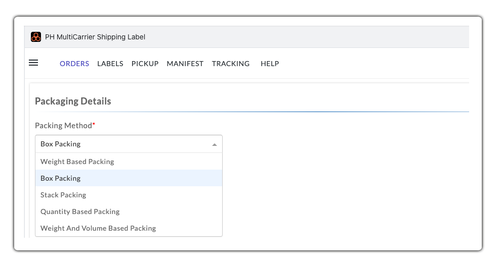 select box packing from the packaging method dropdown