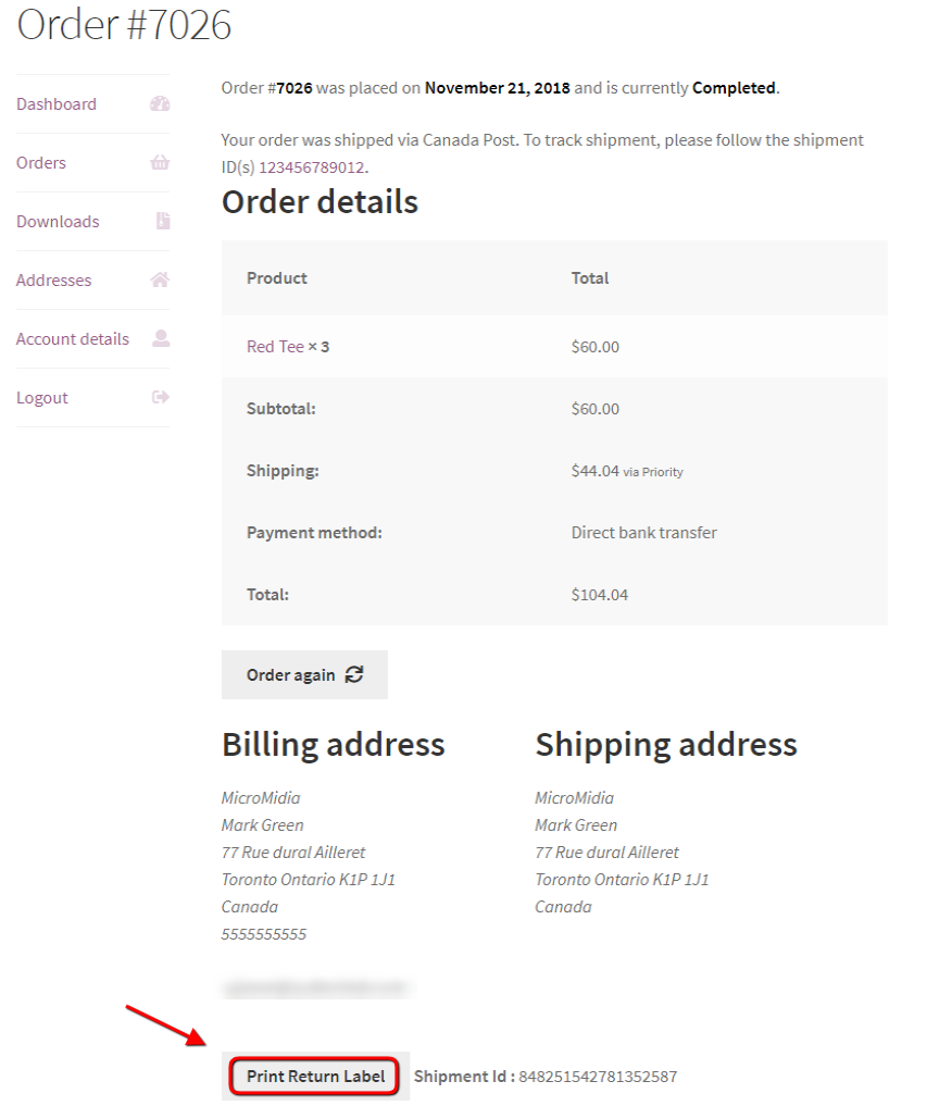 Print return labels on My Accounts page