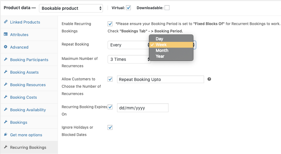 recurring bookings settings