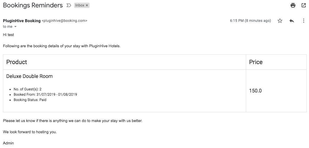 sample woocommerce reminder email for bookings
