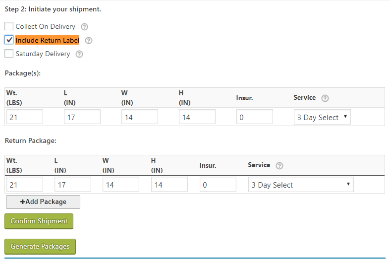 Return shipping label package generated automatically
