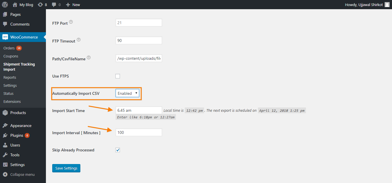 Schedule Tracking Details Import Timings and Interval