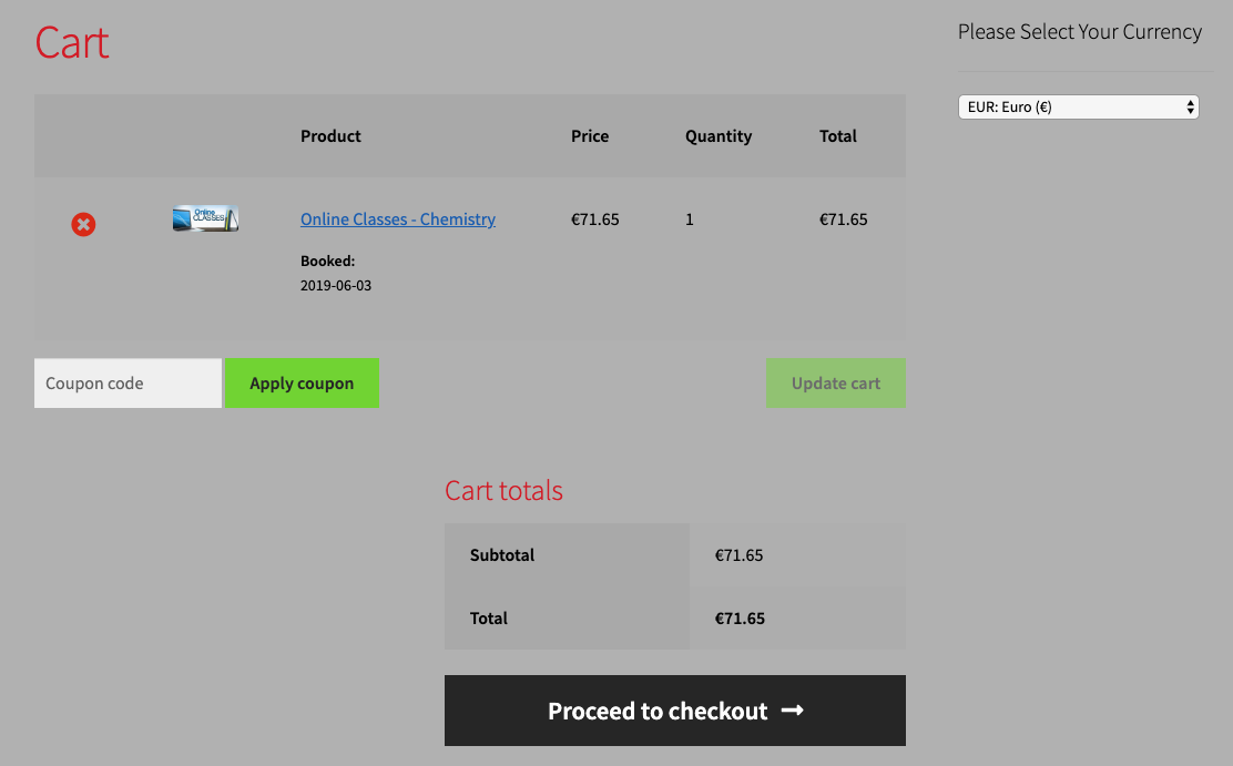 Currency on the cart page