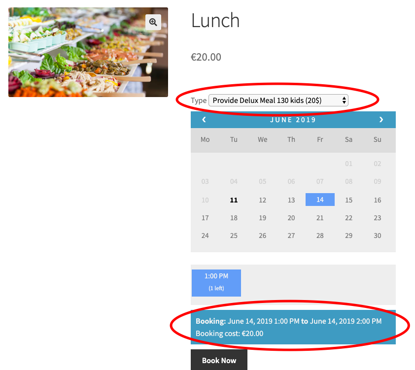 lunch price woocommerce bookings
