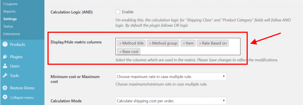 Selected Matrix columns