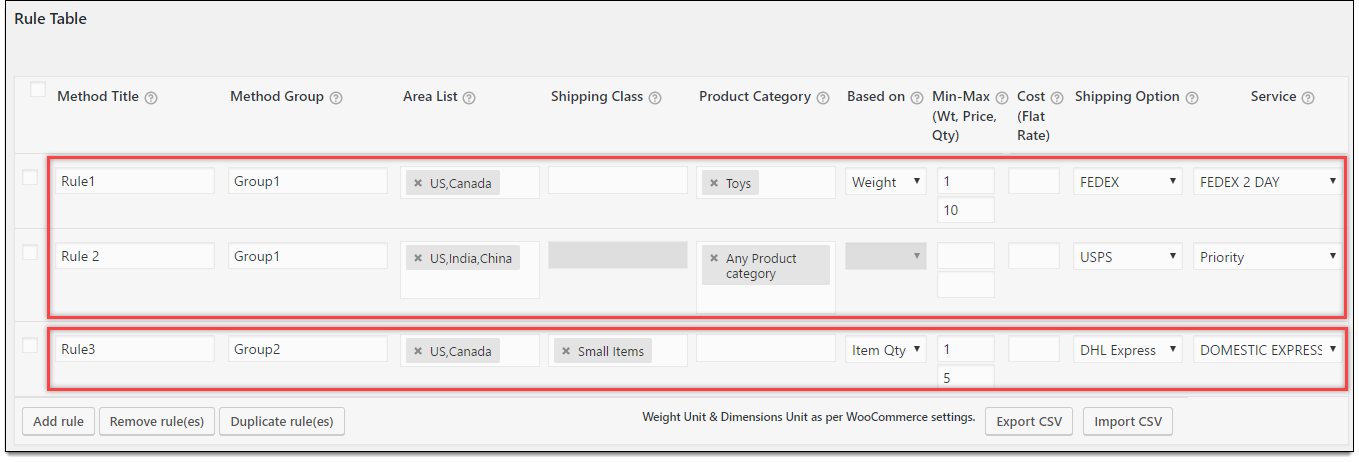 Shipping rules in plugin settings