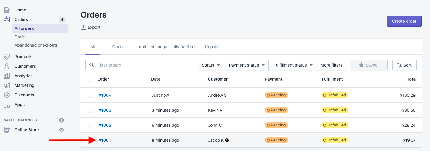 Shopify Orders Page