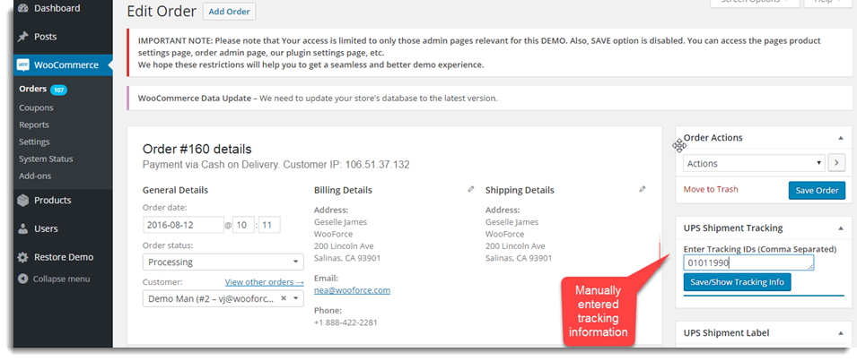 Tracking Details in order page