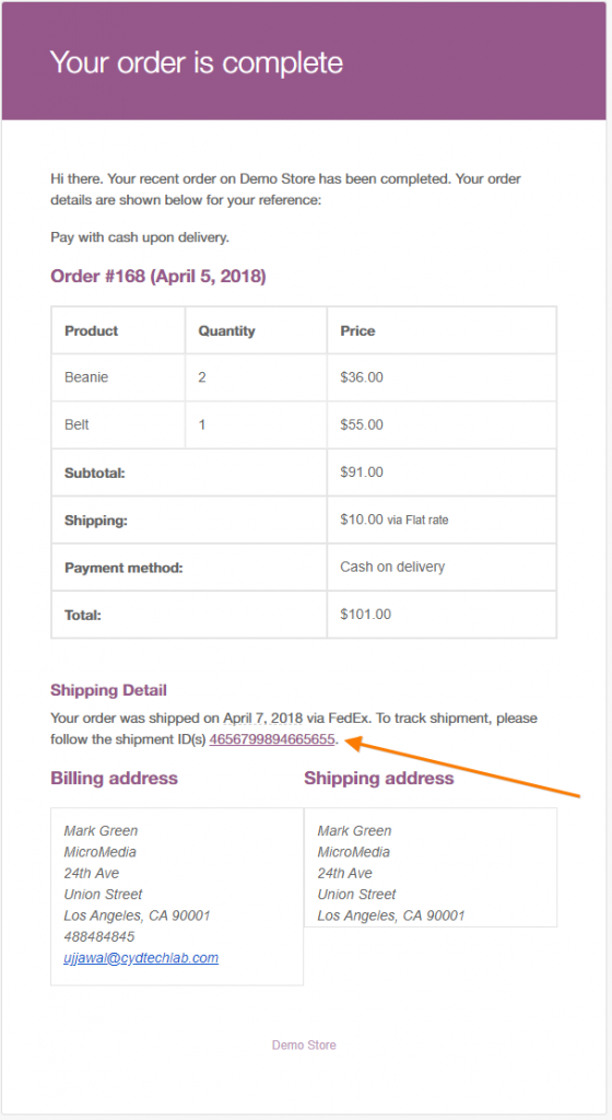 Tracking Details included in Order Completion Mail