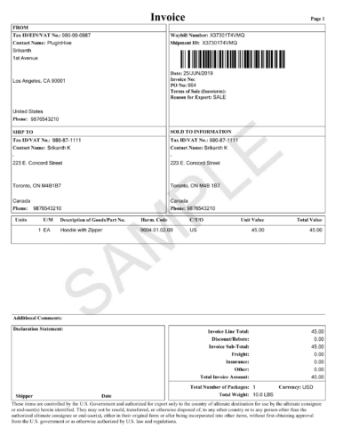Invoice along with NAFTA Certificate of Origin