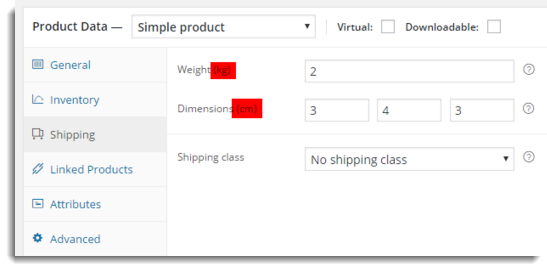 Weight as Kg and dimensions