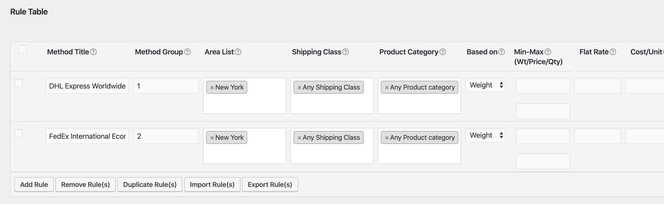woocommerce shipping rule table