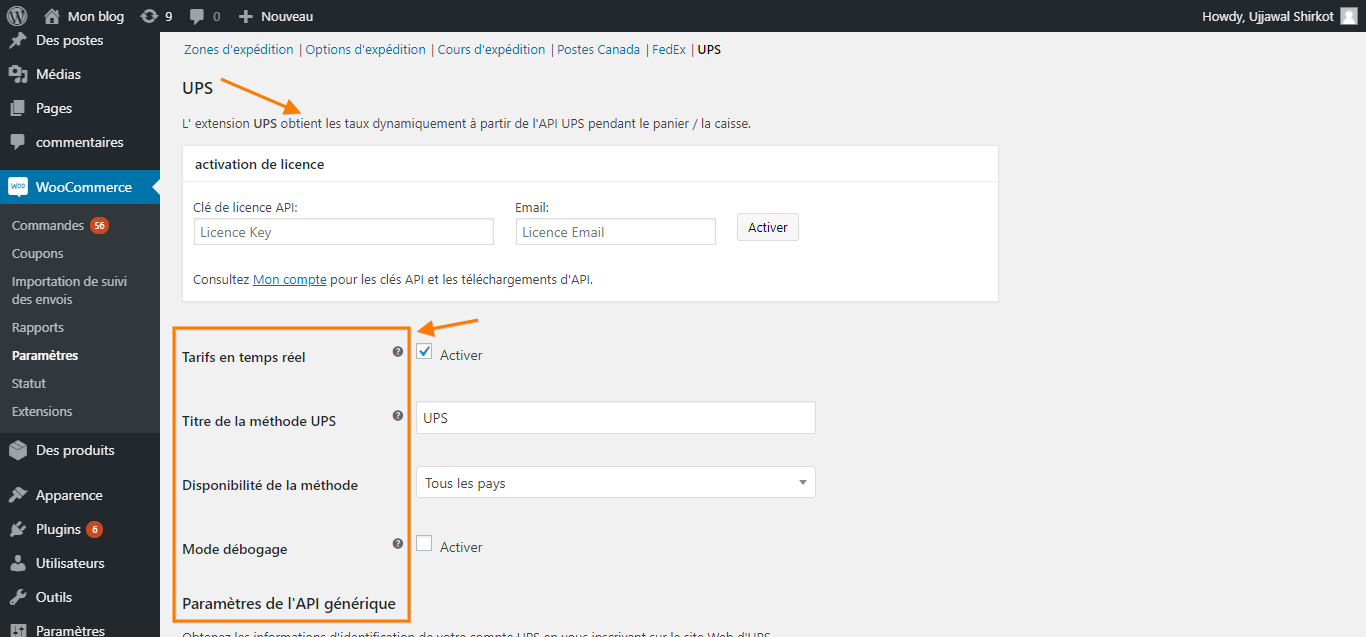 WooCommerce UPS Shipping plugin settings page translated to French using WPML